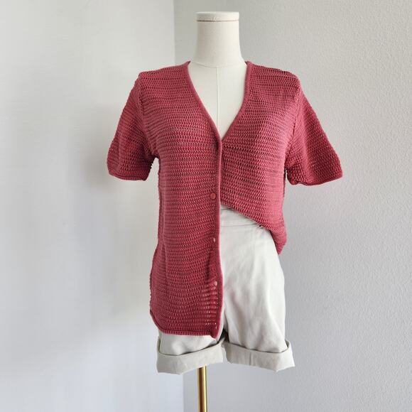 90s Bridgetown Collection Red Crochet Cardigan Short Sleeve Open Knit Sweater S - Picture 1 of 8